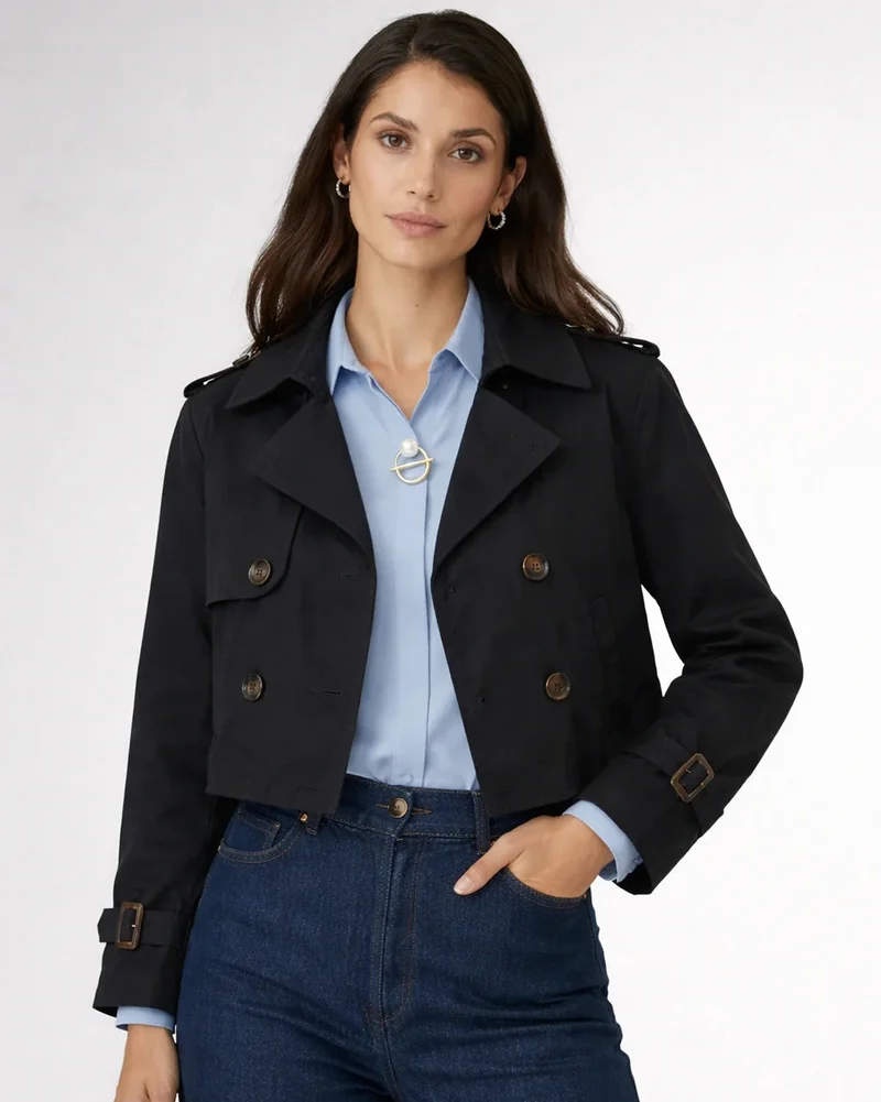 Kurze Trenchjacke für Damen mit doppelter Knopfleiste und Reverskragen