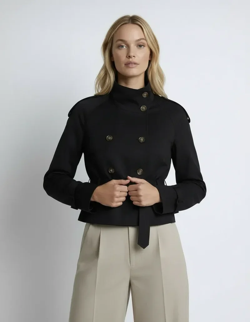 Kurzjacke für Damen im Trenchcoat-Stil mit Taillengürtel und hohem Kragen
