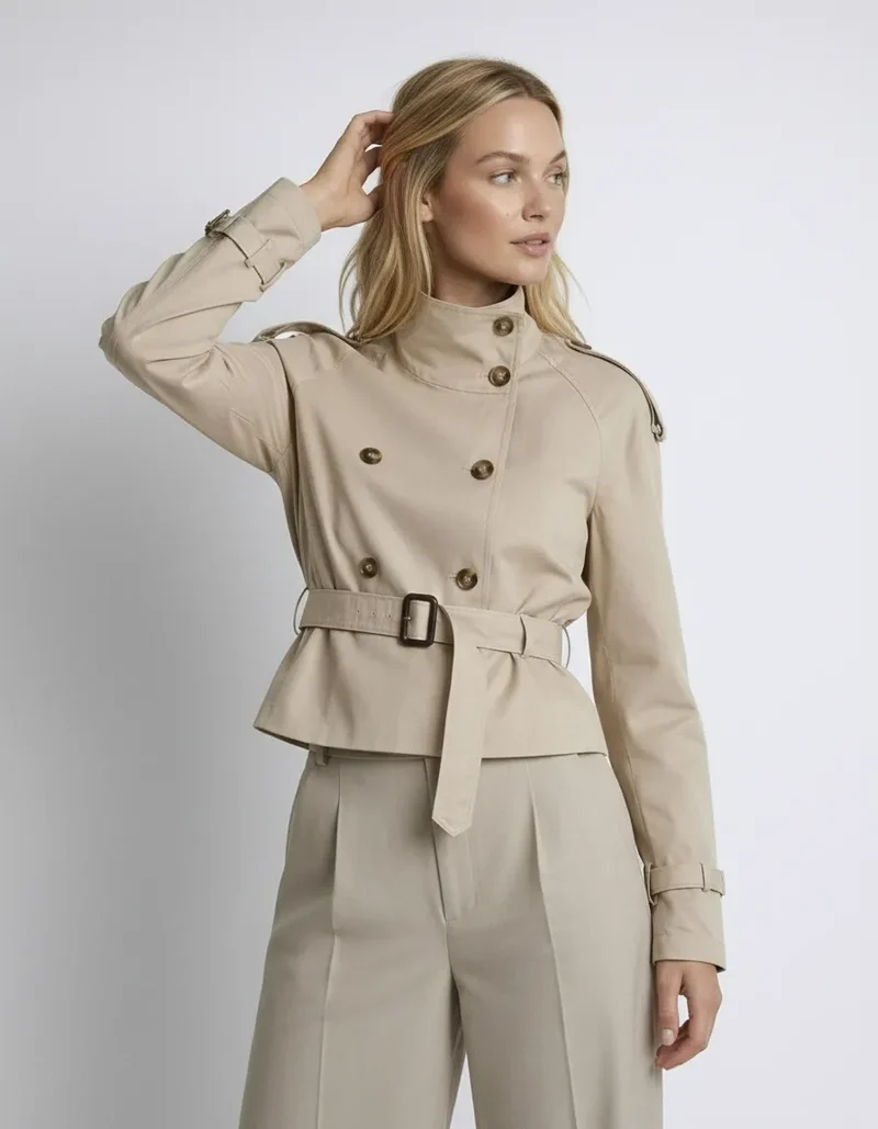 Kurzjacke für Damen im Trenchcoat-Stil mit Taillengürtel und hohem Kragen