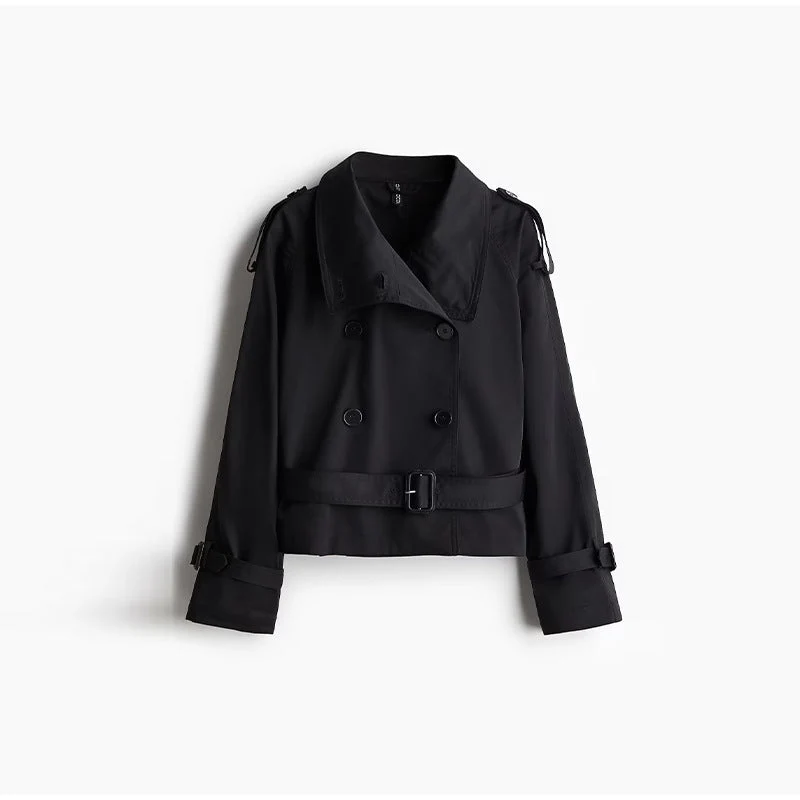 Kurzjacke für Damen im Trenchcoat-Stil mit Taillengürtel und hohem Kragen