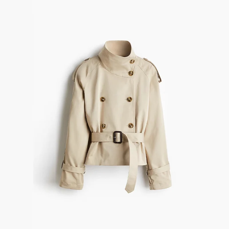 Kurzjacke für Damen im Trenchcoat-Stil mit Taillengürtel und hohem Kragen