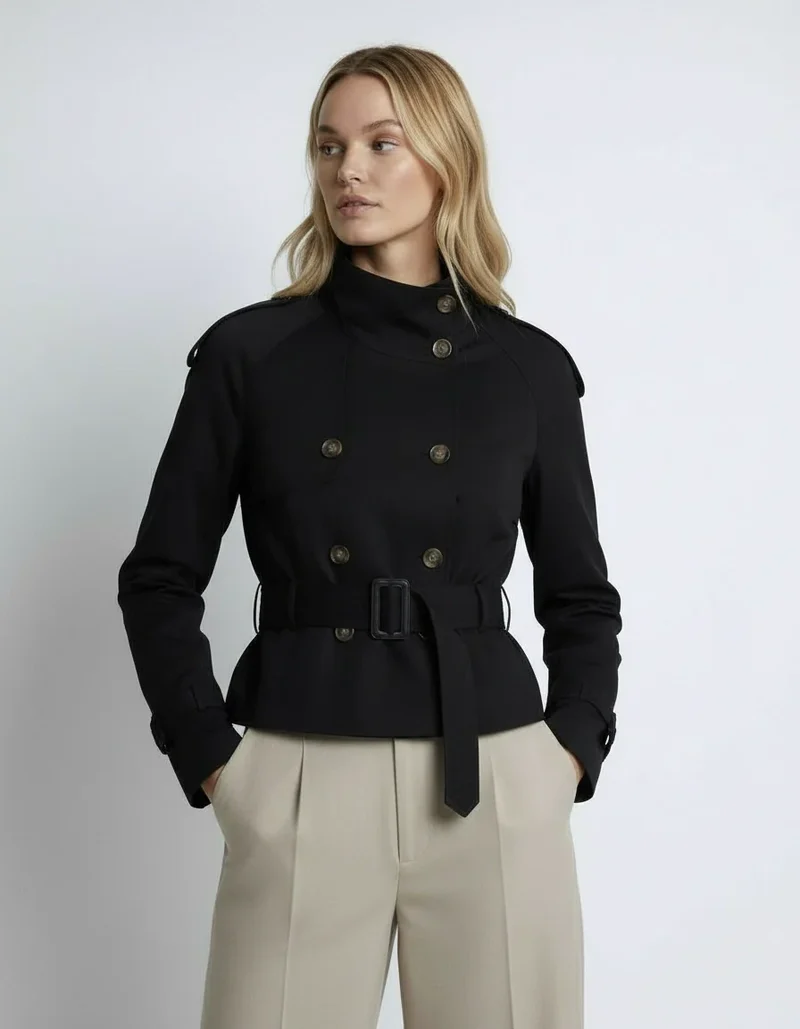 Kurzjacke für Damen im Trenchcoat-Stil mit Taillengürtel und hohem Kragen