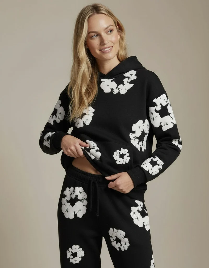 Jogginganzug für Damen mit Kapuzenpullover und Allover-Blumenprint