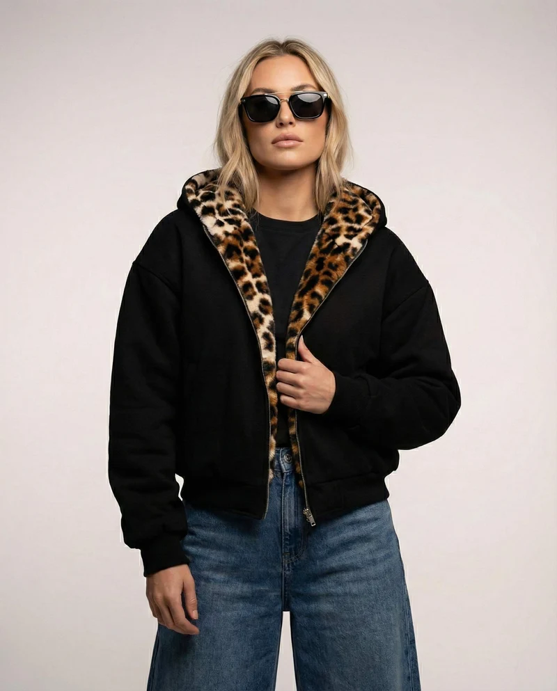 Sportliche Bomberjacke für Damen mit Kapuze und Leopardenfutter