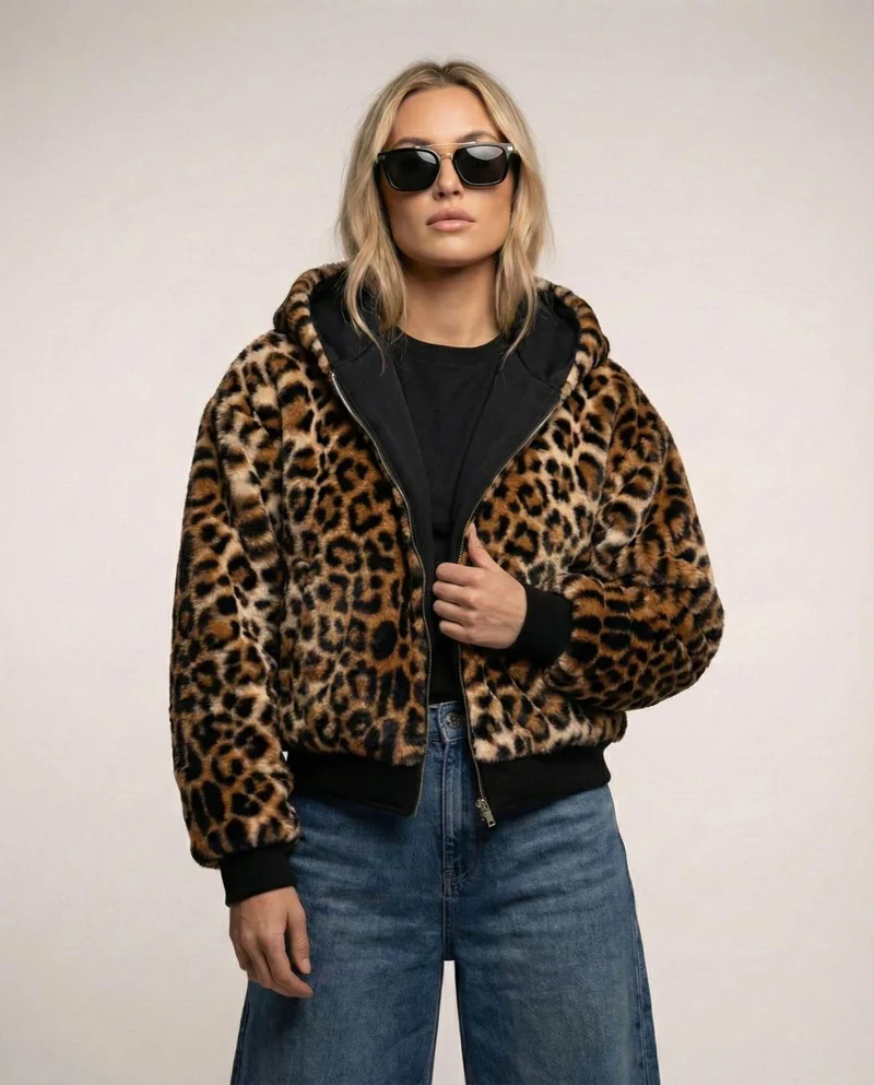 Sportliche Bomberjacke für Damen mit Kapuze und Leopardenfutter