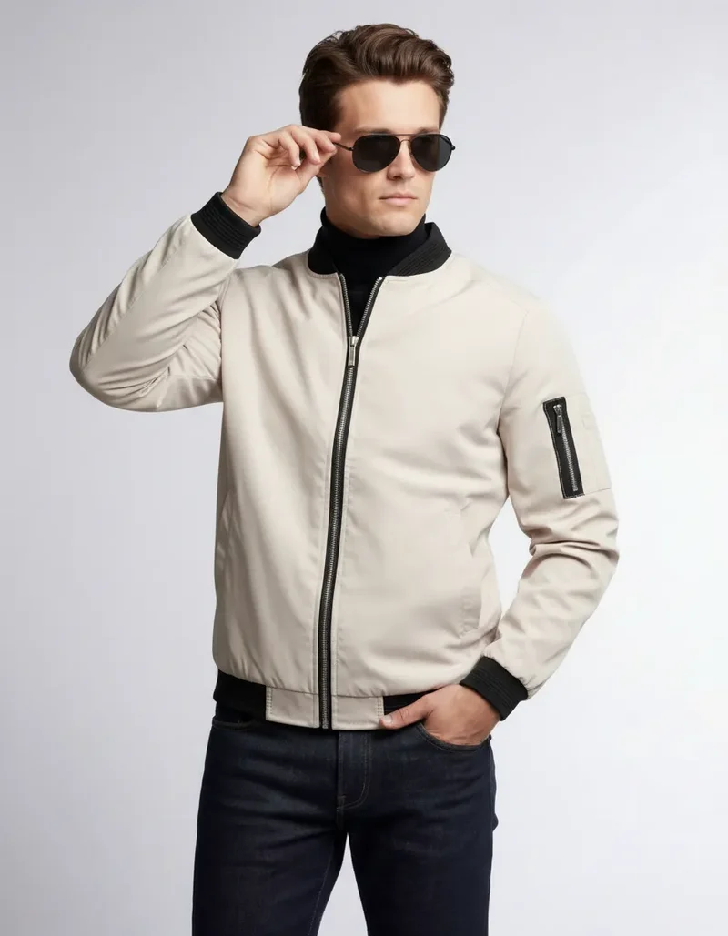 Leichte Bomberjacke für Herren mit Rippbündchen und kragenlosem Design