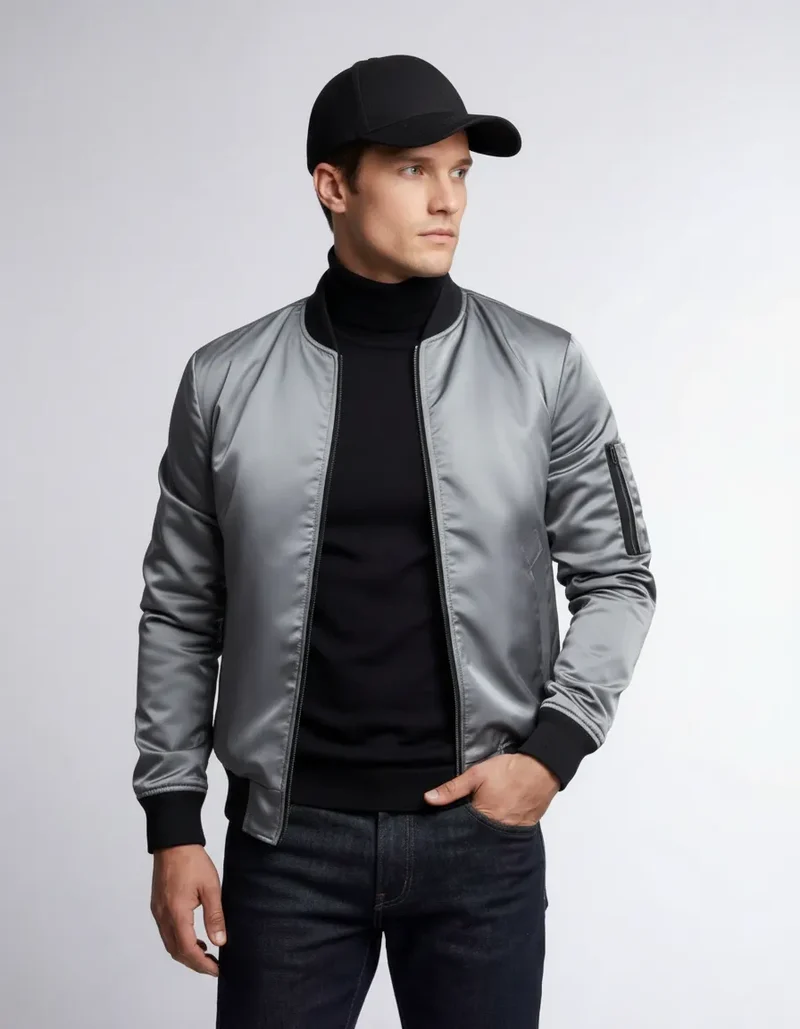 Leichte Bomberjacke für Herren mit Rippbündchen und kragenlosem Design