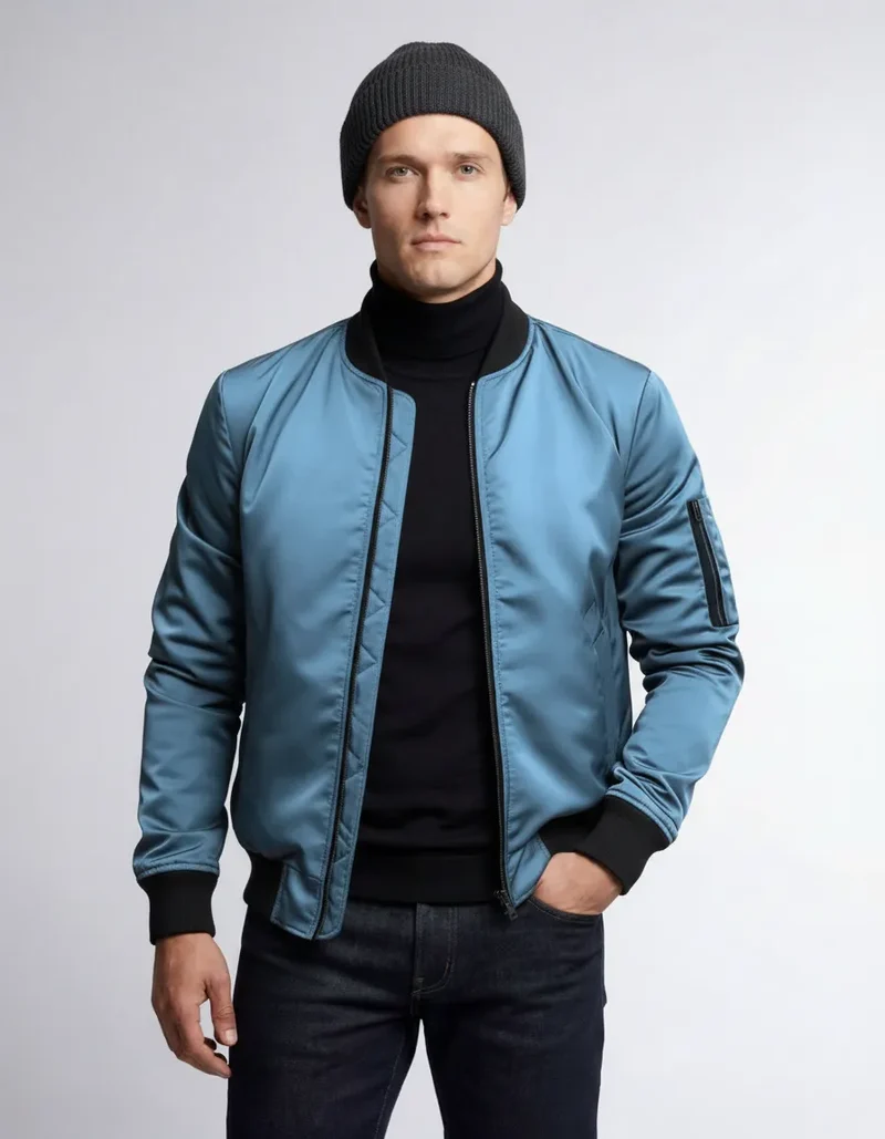 Leichte Bomberjacke für Herren mit Rippbündchen und kragenlosem Design