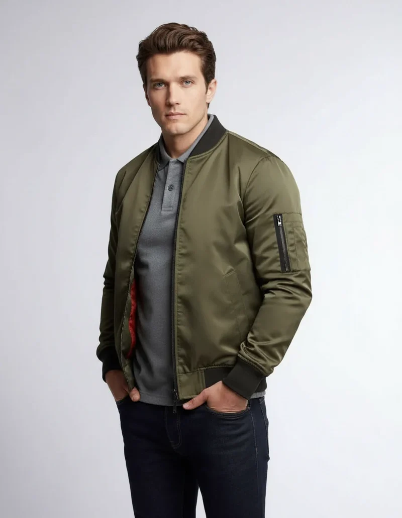 Leichte Bomberjacke für Herren mit Rippbündchen und kragenlosem Design