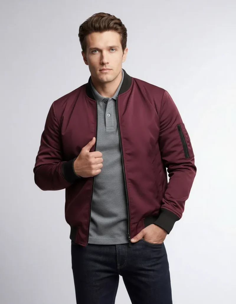 Leichte Bomberjacke für Herren mit Rippbündchen und kragenlosem Design