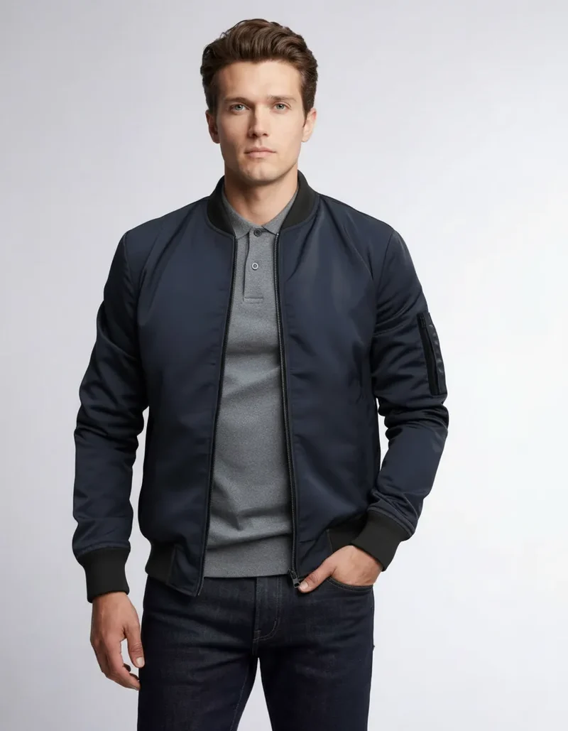 Leichte Bomberjacke für Herren mit Rippbündchen und kragenlosem Design