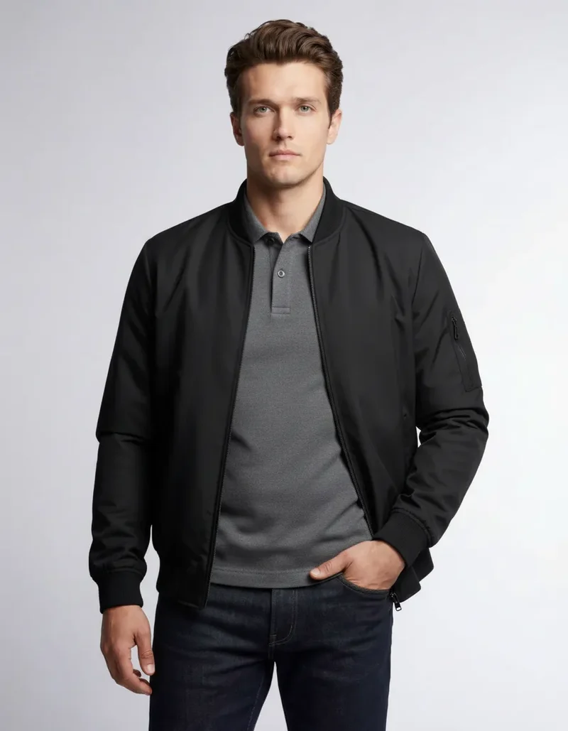 Leichte Bomberjacke für Herren mit Rippbündchen und kragenlosem Design
