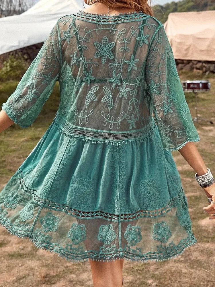 Emma | Damen Bademode-Cover-Up mit Kontrastspitze, V-Ausschnitt, locker sitzend