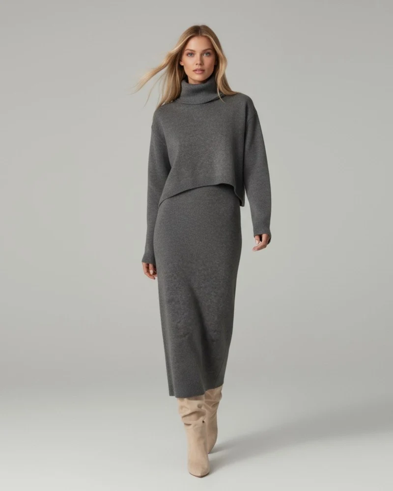 Ärmelloses Maxi Strickkleid mit Cropped Rollkragenpullover | Strickset für Damen