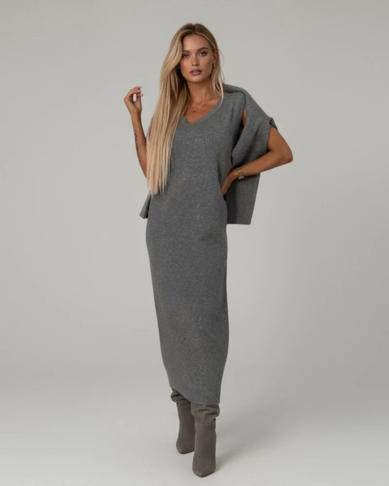Ärmelloses Maxi Strickkleid mit Cropped Rollkragenpullover | Strickset für Damen