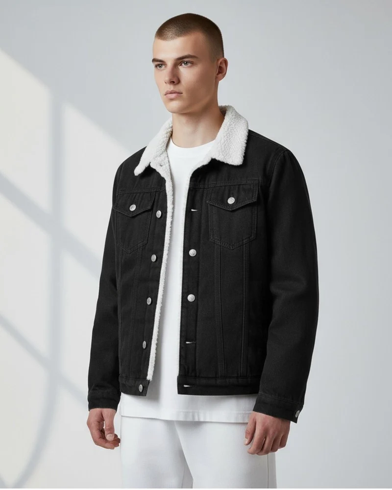 Gefütterte Jeansjacke für Herren mit flauschigem Hemdkragen