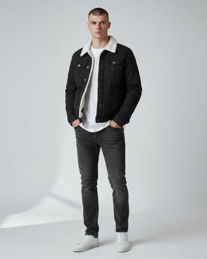 Gefütterte Jeansjacke für Herren mit flauschigem Hemdkragen