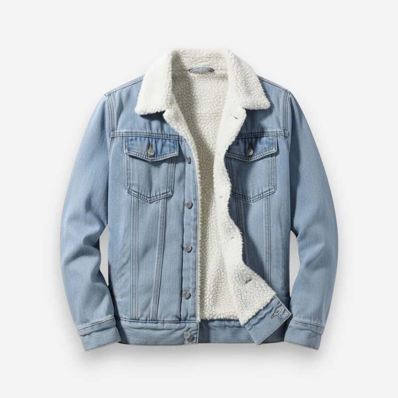 Gefütterte Jeansjacke für Herren mit flauschigem Hemdkragen