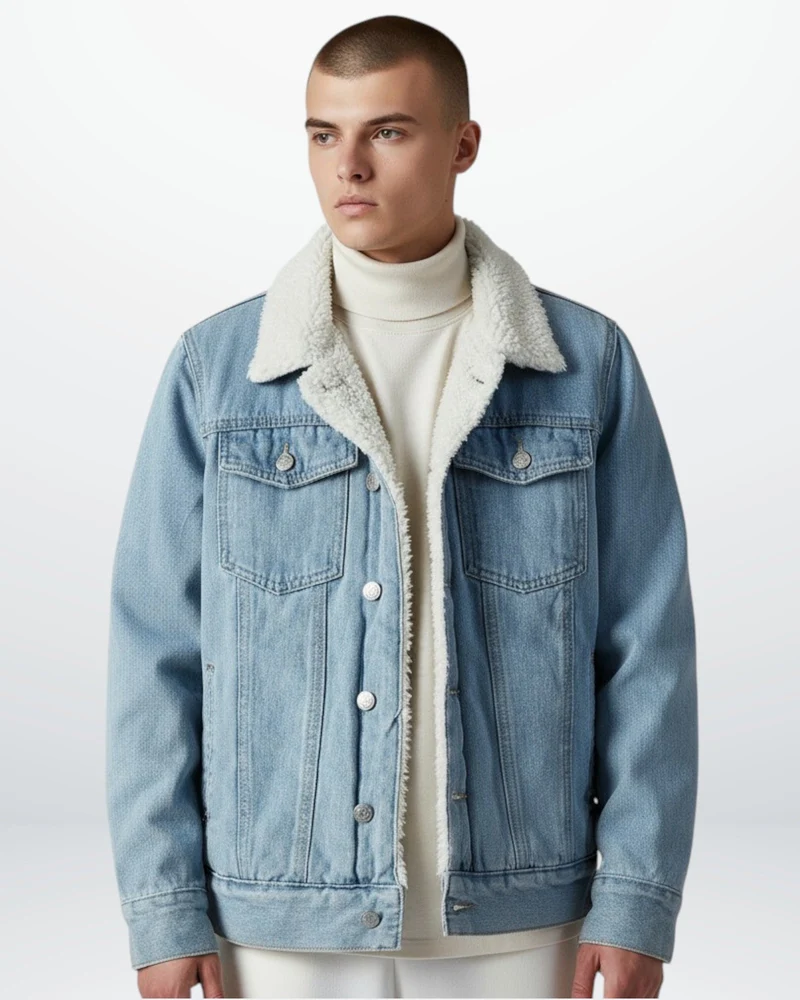 Gefütterte Jeansjacke für Herren mit flauschigem Hemdkragen