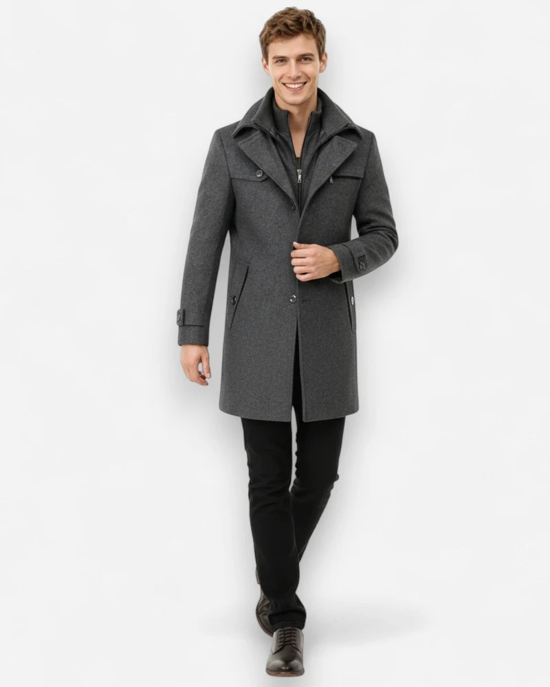 Gefütterte City-Winterjacke für Herren im Mantel-Look mit hohem Reißverschlusskragen