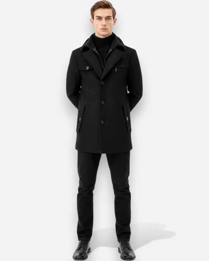 Gefütterte City-Winterjacke für Herren im Mantel-Look mit hohem Reißverschlusskragen