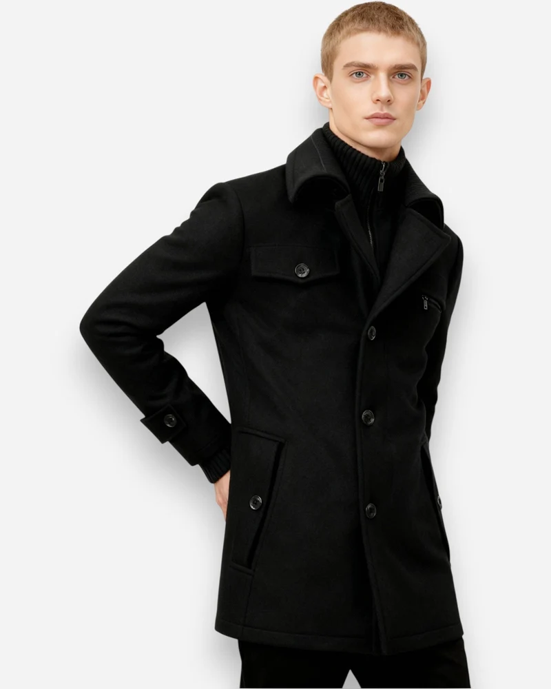 Gefütterte City-Winterjacke für Herren im Mantel-Look mit hohem Reißverschlusskragen