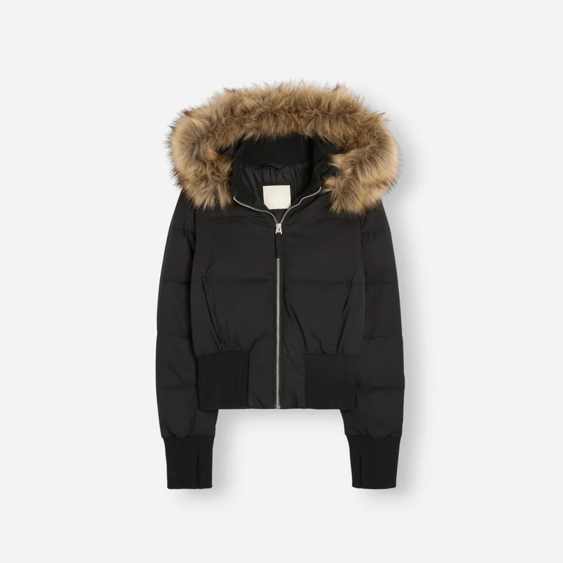 Gesteppte Winterjacke für Damen mit flauschig besetzter Kapuze und breitem Rippbund am Saum