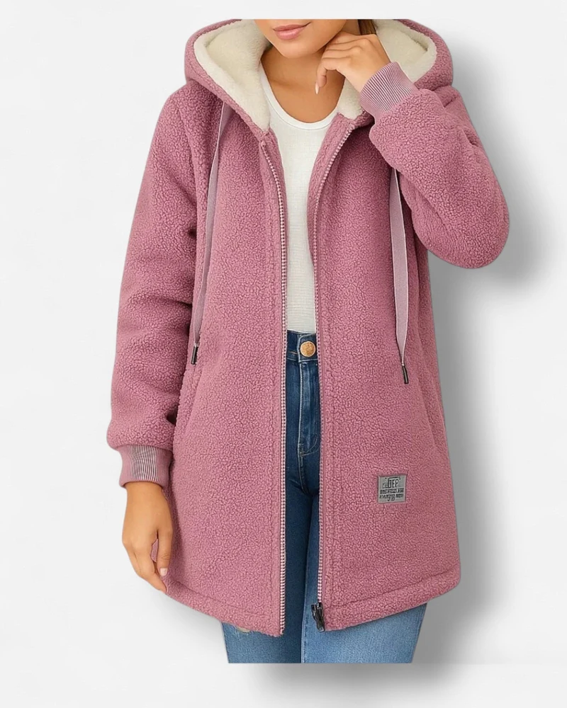 Fleecejacke mit Kapuze für Damen mit weichem Flauschfutter in hüftbedeckender Form