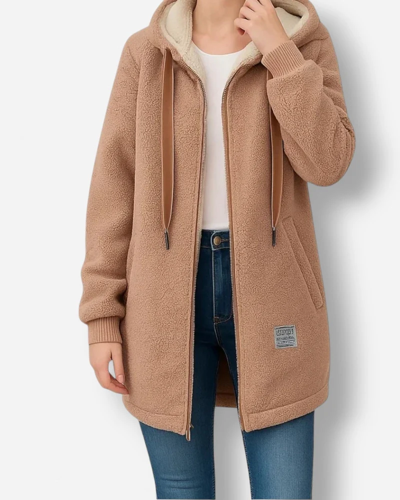 Fleecejacke mit Kapuze für Damen mit weichem Flauschfutter in hüftbedeckender Form