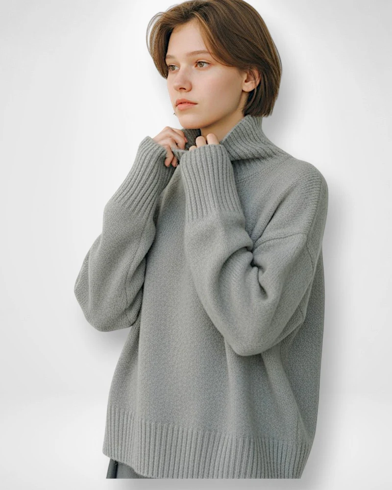 Strick Pullover für Damen mit Kragen und breiten Rippbündchen