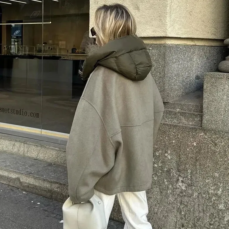 Casual Kurze Drop-Shoulder Jacke für Damen mit verstellbarer Puffkapuze