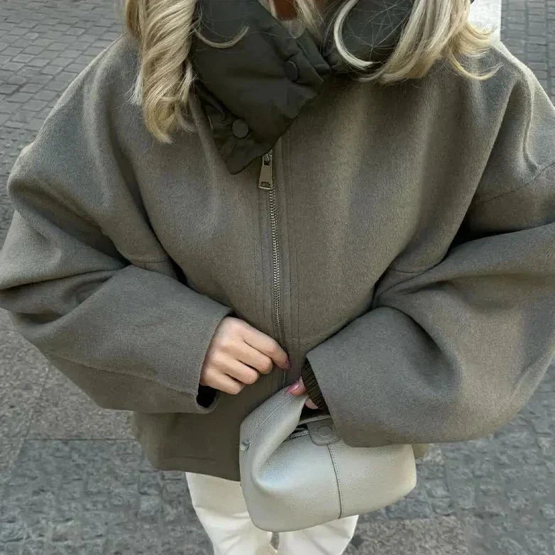Casual Kurze Drop-Shoulder Jacke für Damen mit verstellbarer Puffkapuze