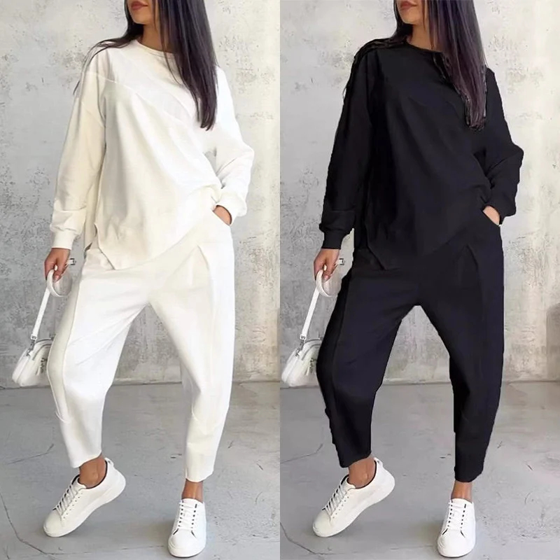 Langärmliges Sweatshirt-Set mit unregelmäßigem Saum und Hose für Damen