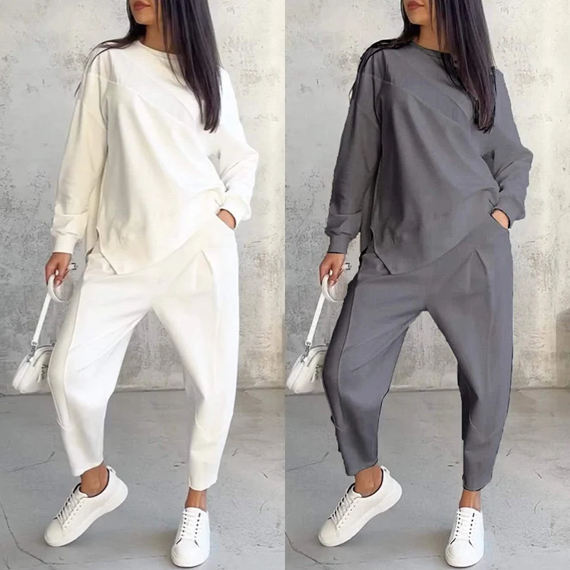 Langärmliges Sweatshirt-Set mit unregelmäßigem Saum und Hose für Damen