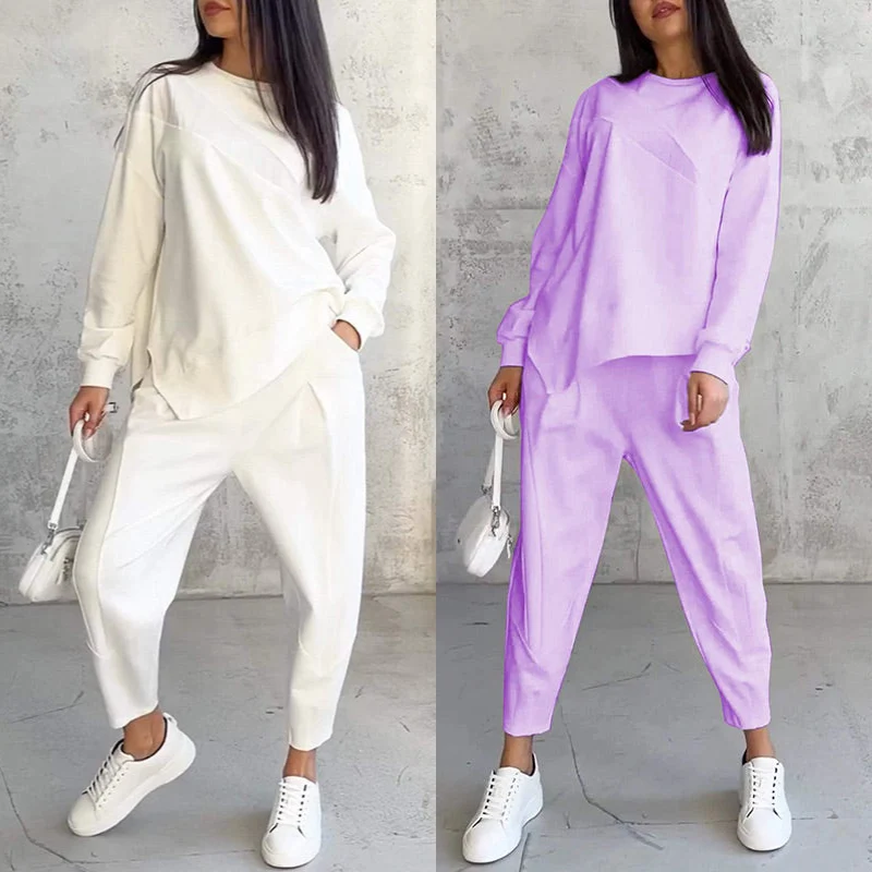 Langärmliges Sweatshirt-Set mit unregelmäßigem Saum und Hose für Damen