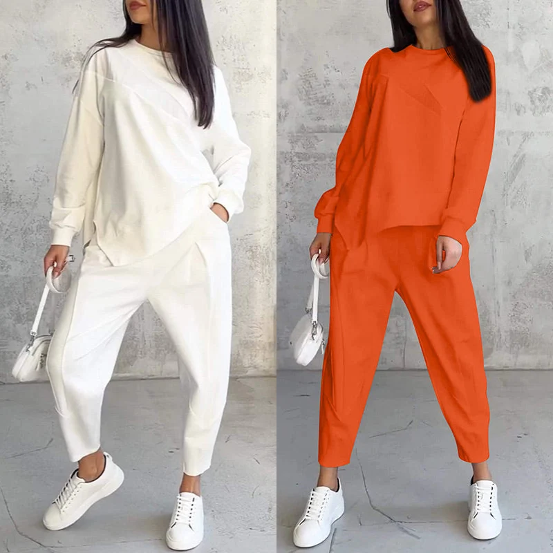 Langärmliges Sweatshirt-Set mit unregelmäßigem Saum und Hose für Damen