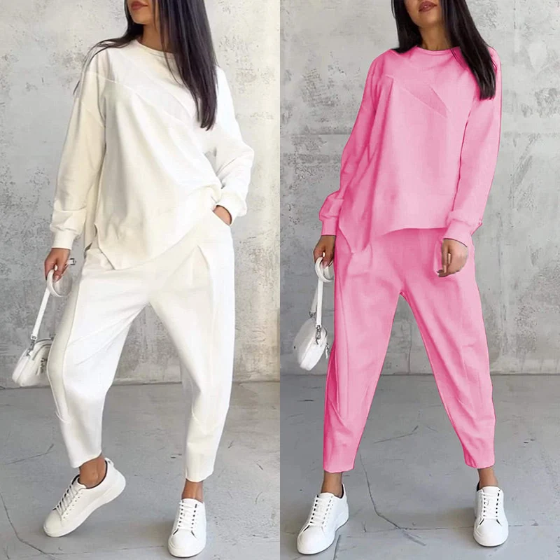 Langärmliges Sweatshirt-Set mit unregelmäßigem Saum und Hose für Damen