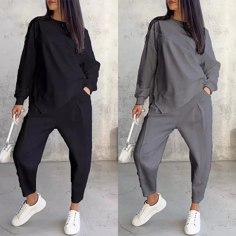 Langärmliges Sweatshirt-Set mit unregelmäßigem Saum und Hose für Damen