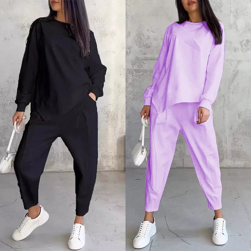 Langärmliges Sweatshirt-Set mit unregelmäßigem Saum und Hose für Damen