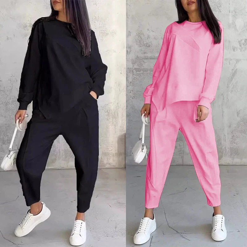 Langärmliges Sweatshirt-Set mit unregelmäßigem Saum und Hose für Damen