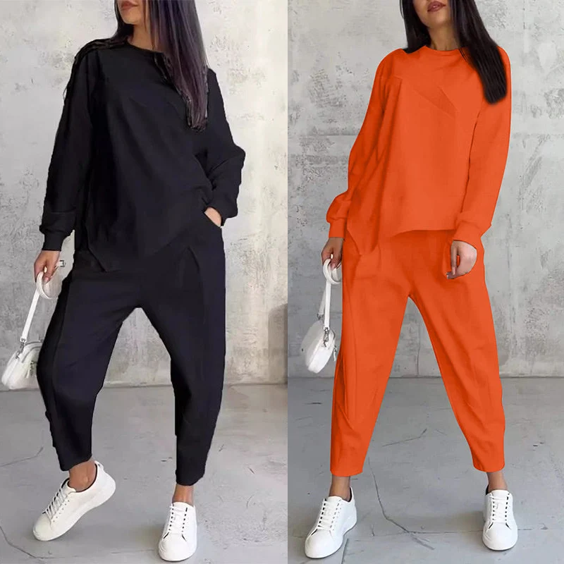 Langärmliges Sweatshirt-Set mit unregelmäßigem Saum und Hose für Damen