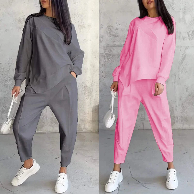 Langärmliges Sweatshirt-Set mit unregelmäßigem Saum und Hose für Damen
