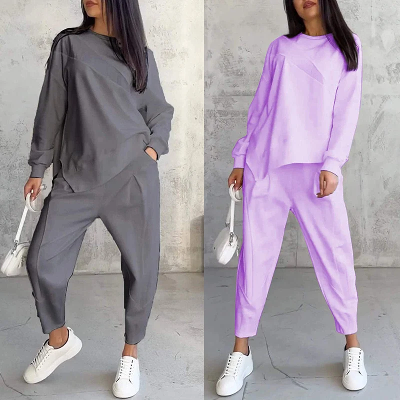 Langärmliges Sweatshirt-Set mit unregelmäßigem Saum und Hose für Damen