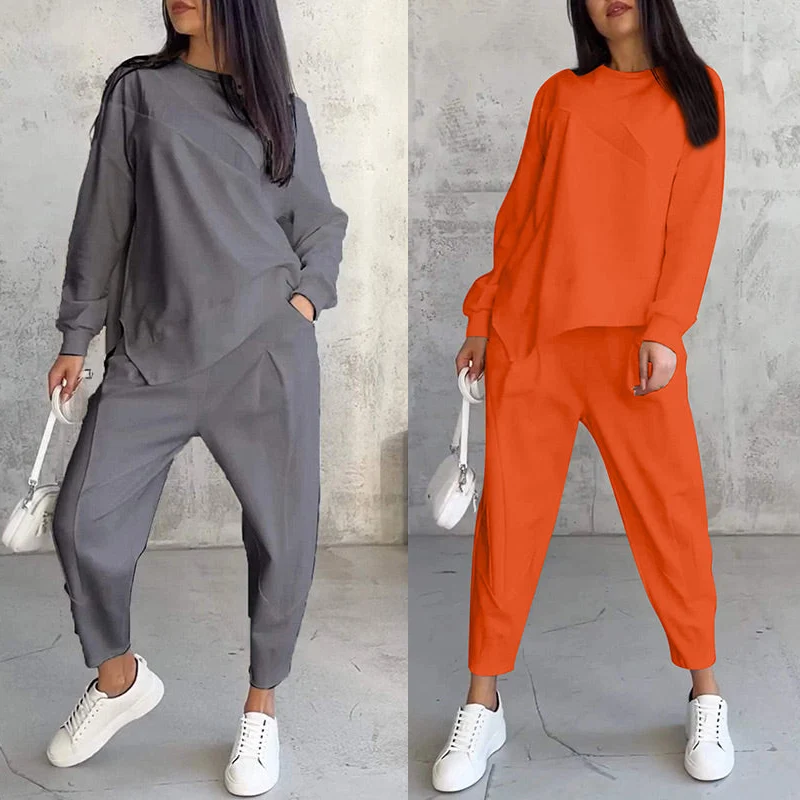 Langärmliges Sweatshirt-Set mit unregelmäßigem Saum und Hose für Damen