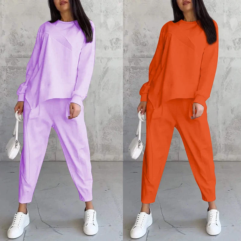 Langärmliges Sweatshirt-Set mit unregelmäßigem Saum und Hose für Damen