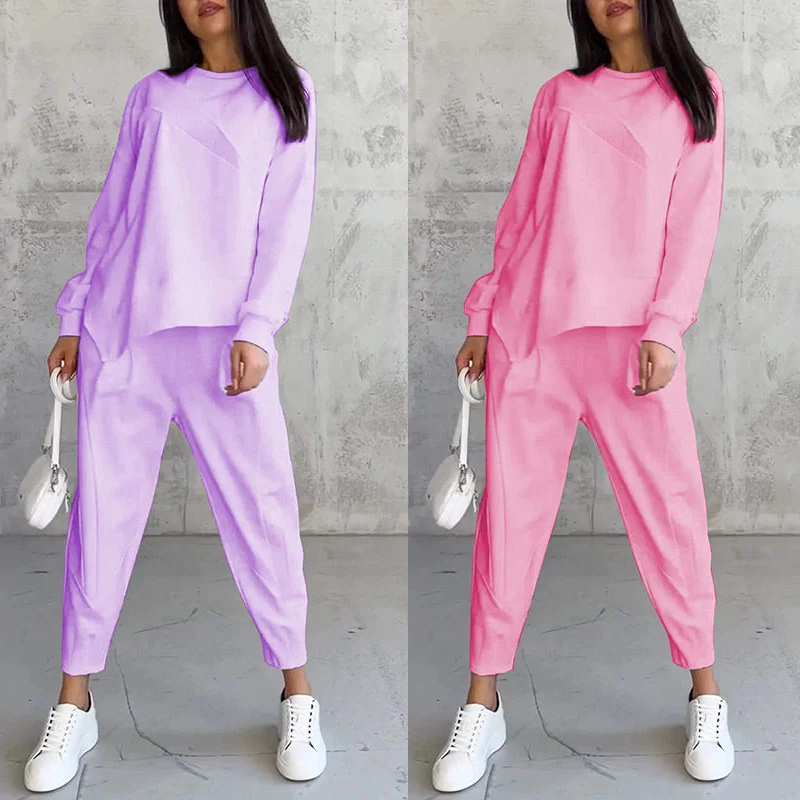 Langärmliges Sweatshirt-Set mit unregelmäßigem Saum und Hose für Damen