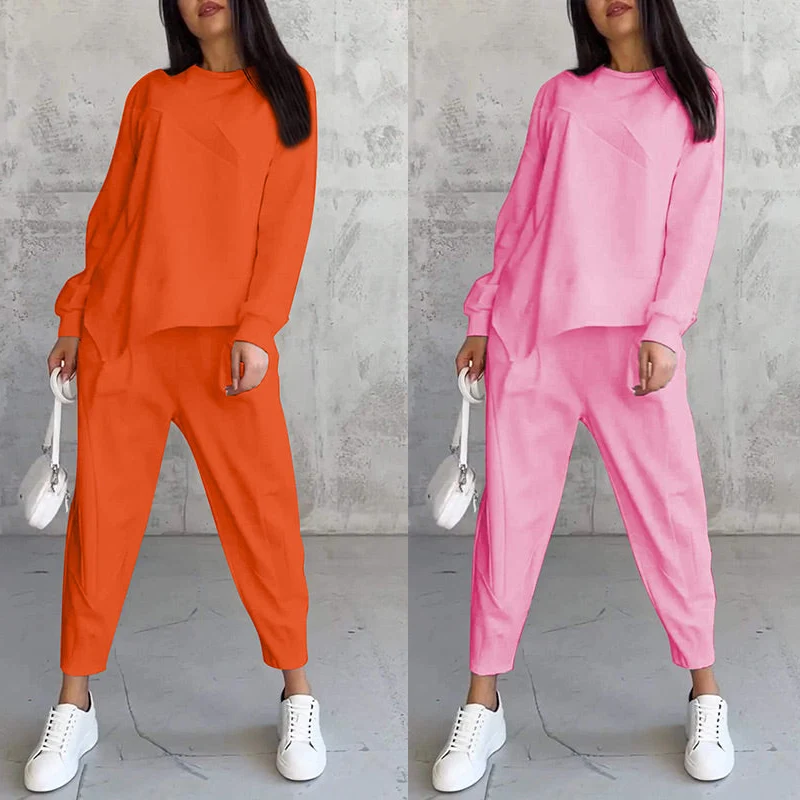 Langärmliges Sweatshirt-Set mit unregelmäßigem Saum und Hose für Damen