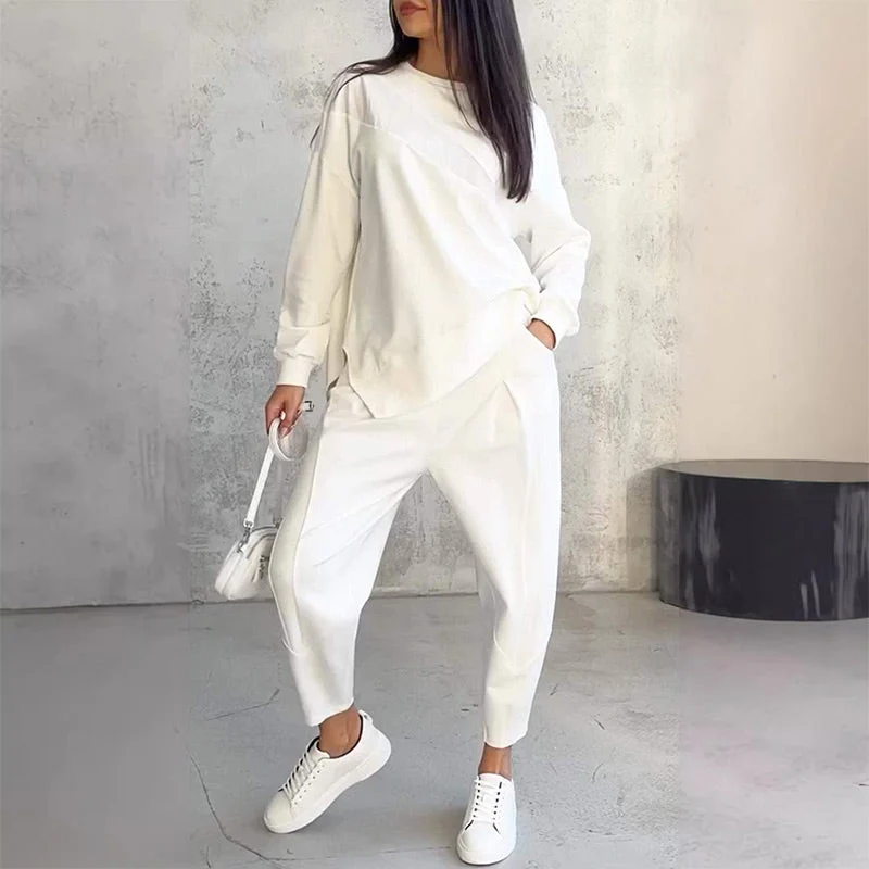 Langärmliges Sweatshirt-Set mit unregelmäßigem Saum und Hose für Damen