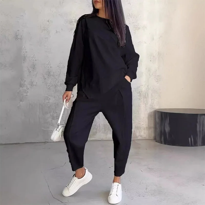Langärmliges Sweatshirt-Set mit unregelmäßigem Saum und Hose für Damen