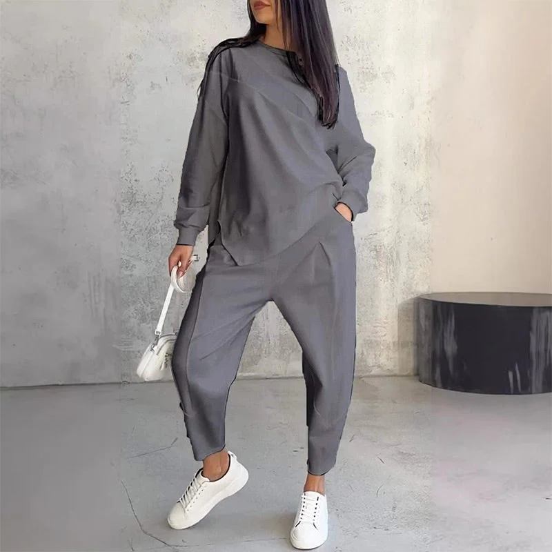 Langärmliges Sweatshirt-Set mit unregelmäßigem Saum und Hose für Damen